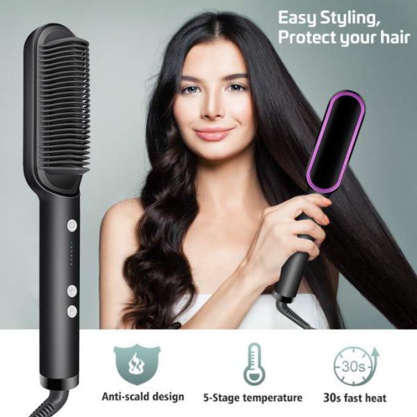 Professional Hair Straightener Brush – Anti-Scald Safety Comb 5 Temperature Settings | Salon-Quality Results at Home